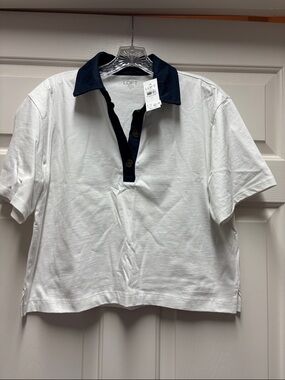 NWT LOFT White Polo Navy Contrast Collar XS preppy classic
